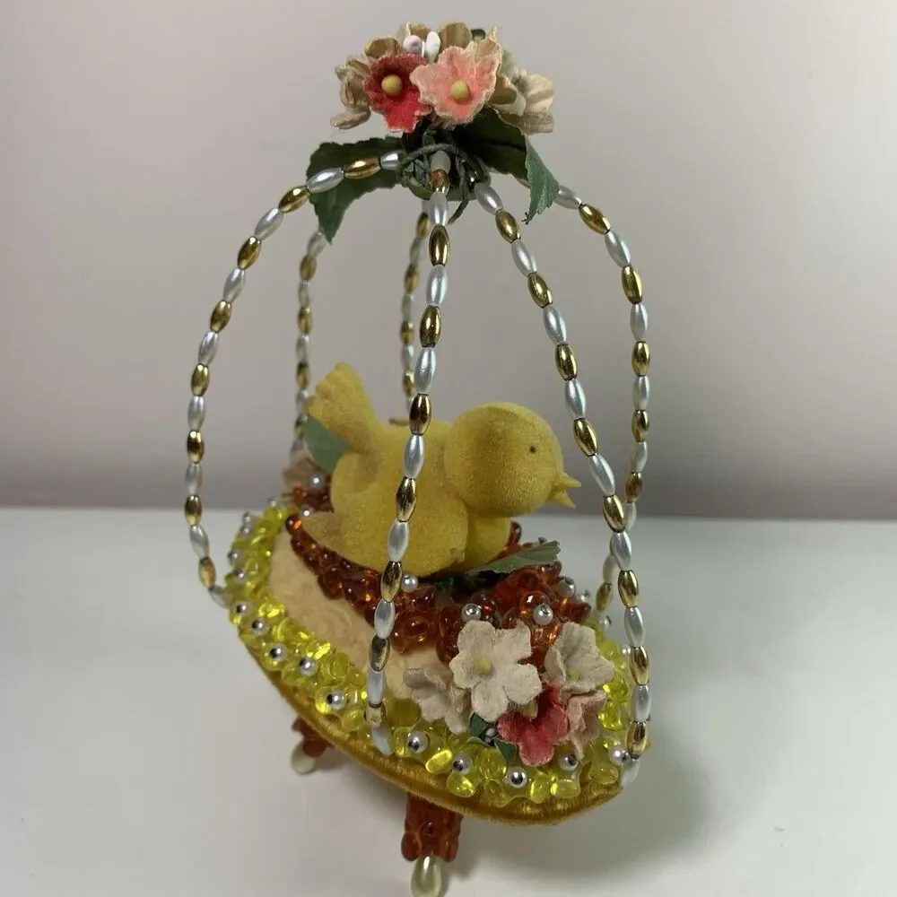 Vintage Beaded Push Pin Easter Basket 5.5” Tall Soap Beads Felt Chick Flowers